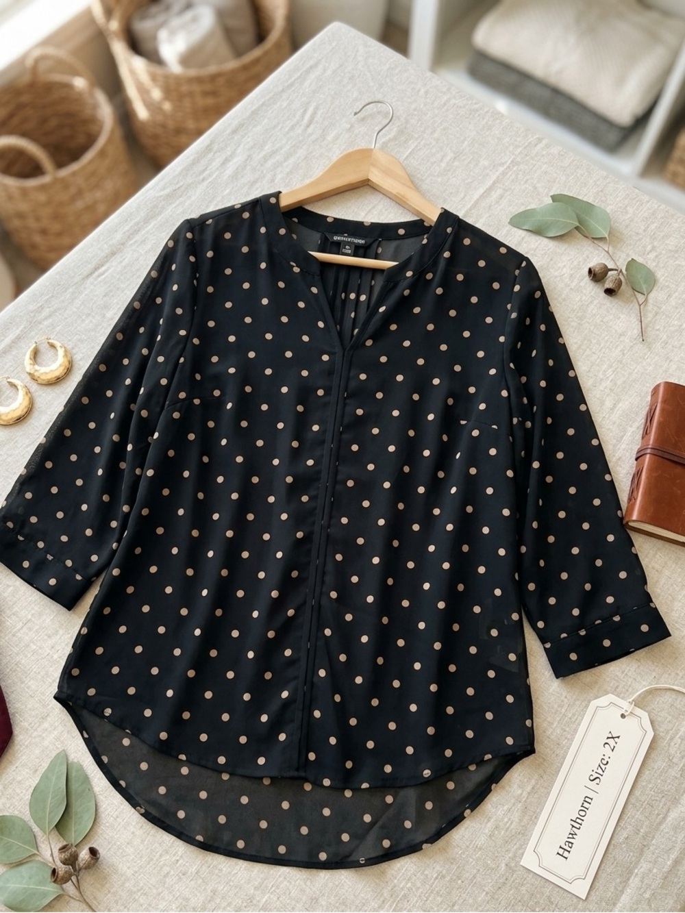 41 Hawthorn Black Blouse with Tan Polka Dots
